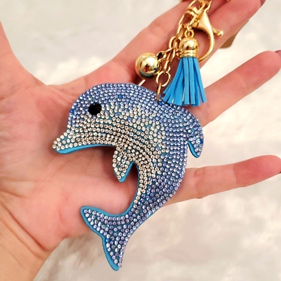 DOLPHIN blue and clear rhinestones goldtone tassel key chain id luggage tag car - Picture 6 of 6
